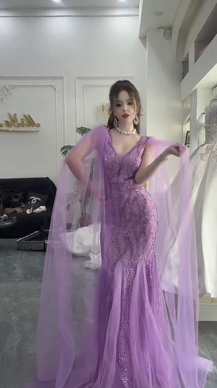 Elegant Mermaid Purple Long Prom Dresses Tulle Purple Wedding Guest Dresses DP3828 - Deanwangkt