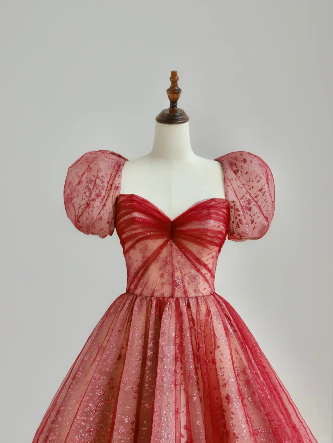 Elegant Glamour Ball Gown Sweetheart Short Sleeves Tulle Red Prom Dress Party Dress Evening Dresses DP1504 - Deanwangkt