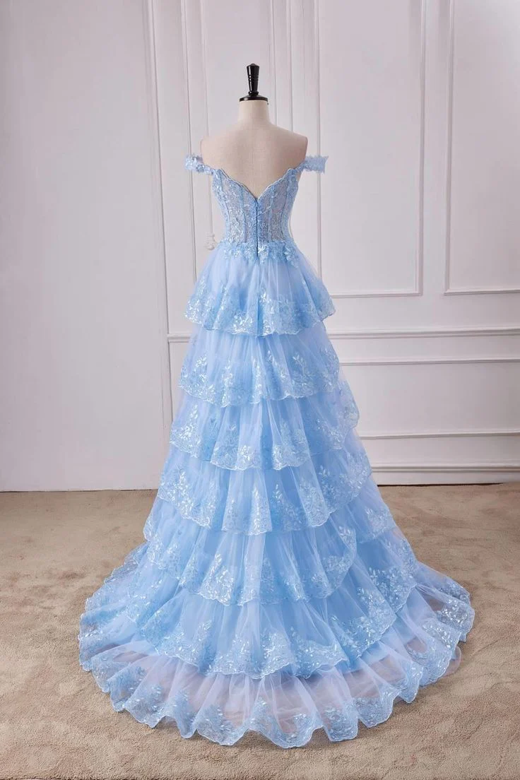 Fairy Off the Shoulder Light Blue Ruffles Prom Dress Party Gown Evening Dresses DP299 - Deanwangkt