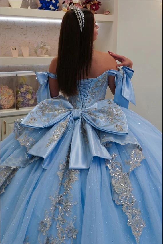 Classy Off-the-Shoulder Ball Gown Tulle Applique Quinceanera Dresses Blue Sweet 16 Dress DP2966 - Deanwangkt
