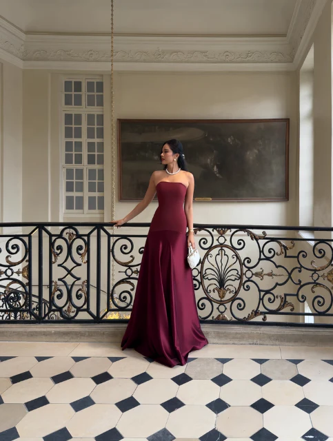 Elegant Sheath Burgundy Long Prom Dresses Strapless Satin Burgundy Evening Dresses DP3958 - Deanwangkt