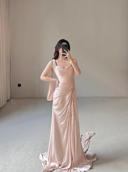 Stunning Blush Pink Sheath Formal Evening Dress Satin Strap Birthday Dress Elegant Graduation Dress DP2835 - Deanwangkt