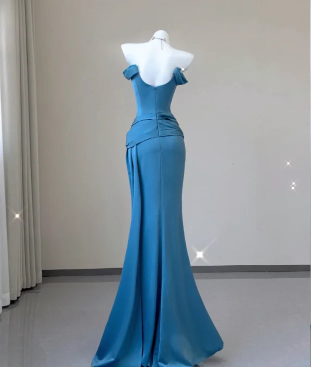 Classy Mermaid Strapless Blue Satin Evening Dress Long Prom Dresses P0009 - Deanwangkt