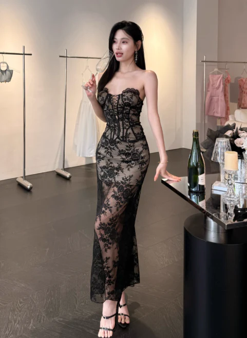 Elegant Strapless Sheath Lace Long Prom Dresses, Black Evening Dresses DP3106 - Deanwangkt