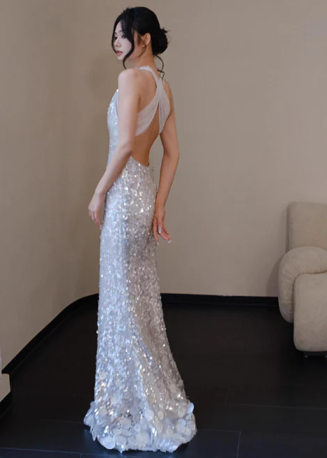 Sexy V neck Mermaid Long Prom Dresses Sequin White Evening Dresses DP3315 - Deanwangkt