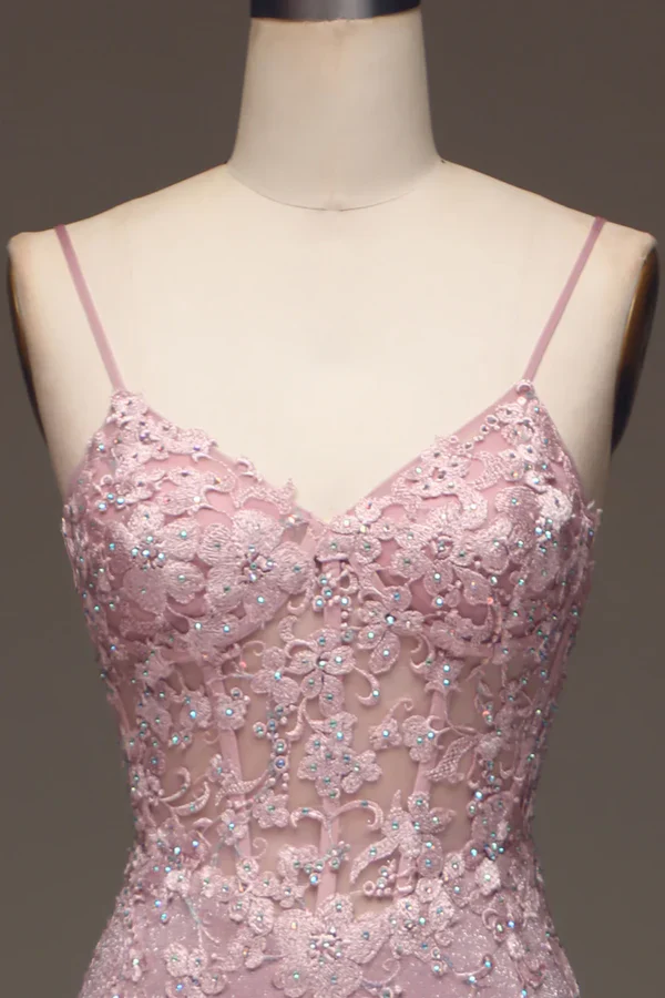 Classy Glitter Blush Mermaid Spaghetti Straps Long Prom Dress With Beading Graduation Dresses DP511 - Deanwangkt