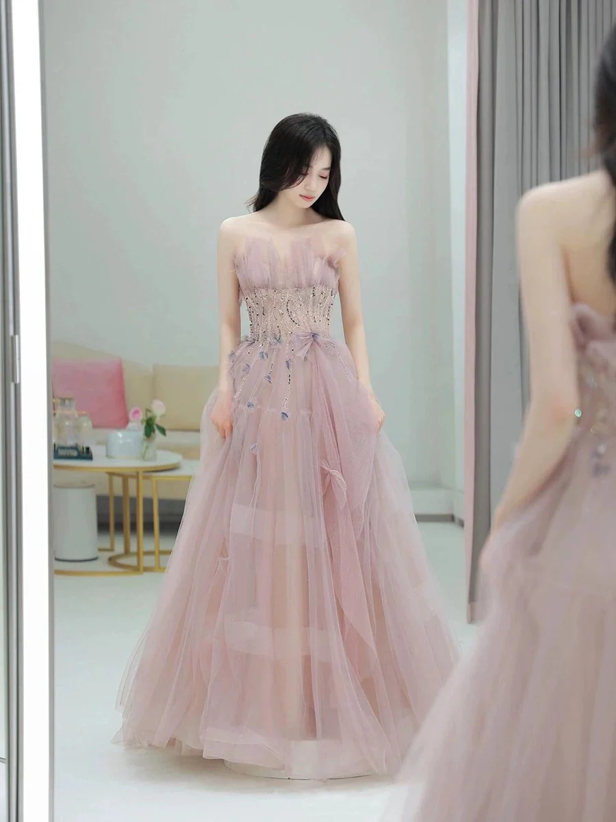 Classy Ball Gown Sweetheart Pink Tulle Evening Dress Long Prom Dresses H2874 - Deanwangkt