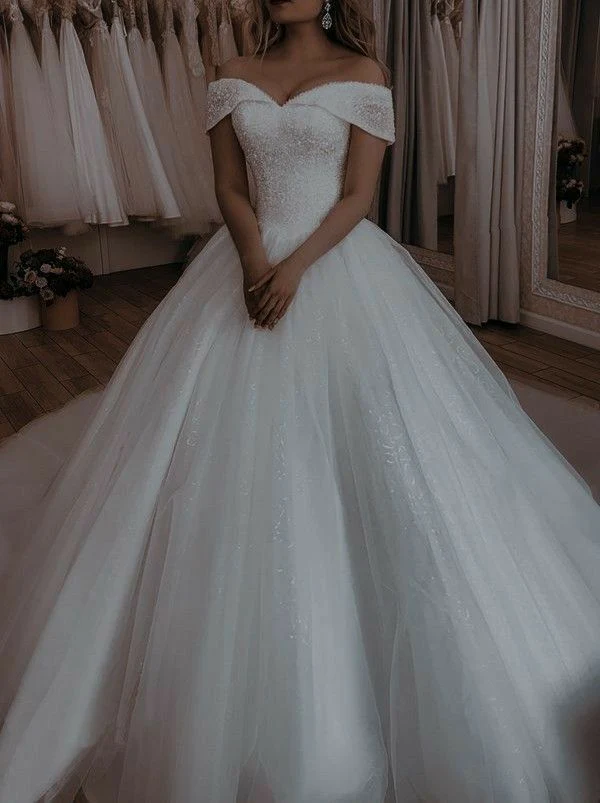 Unique Bridal Gown Ball Gown Off The Shoulder Tulle Short Sleeves White Wedding Dresses Vintage Bridal Gowns DH1213 - Deanwangkt