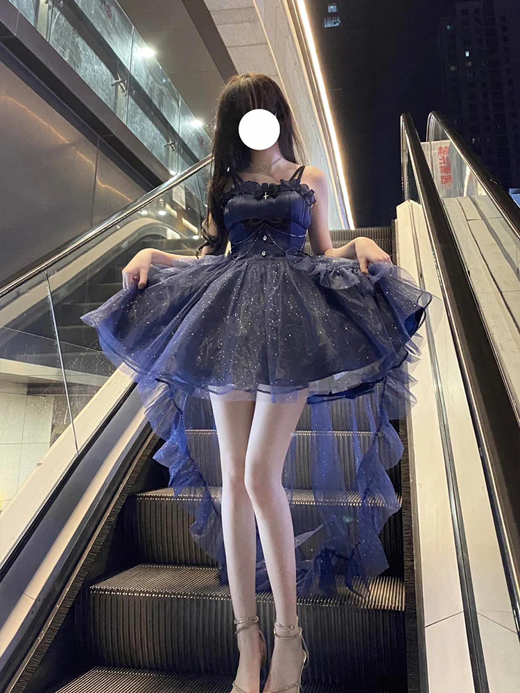 Vintage Ball Gown Spaghetti Straps Navy Blue Tulle 22th Birthday Dress Lolita Dress Lolita Outfits DH2445 - Deanwangkt