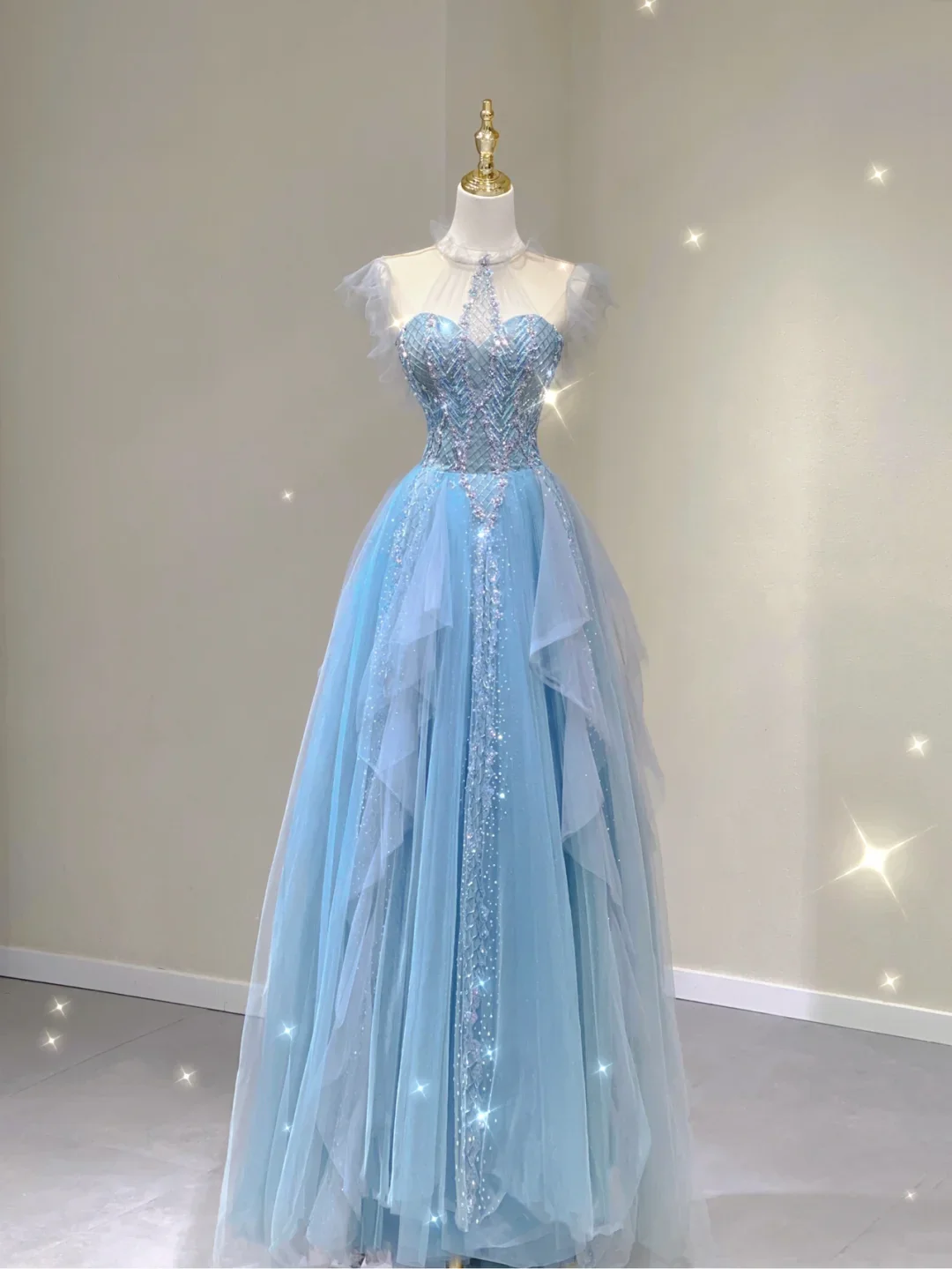 Pretty Ball Gown Scoop Long Prom Dresses Blue Graduation Dress High School Classy Evening Dresses DP389 - Deanwangkt