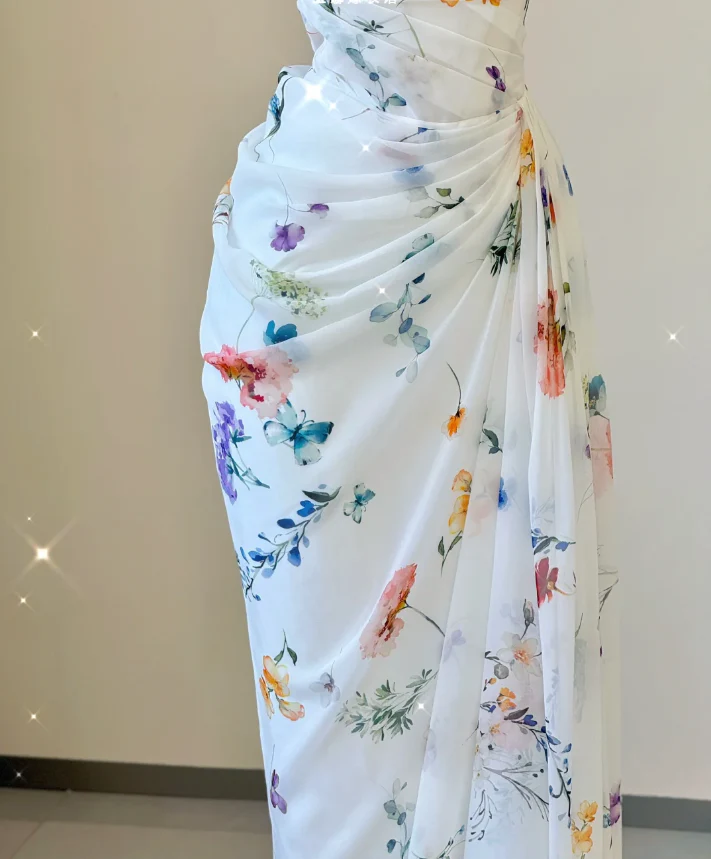 Classy Mermaid Square Neckline Floral Chiffon White Long Prom Dresses P0007 - Deanwangkt