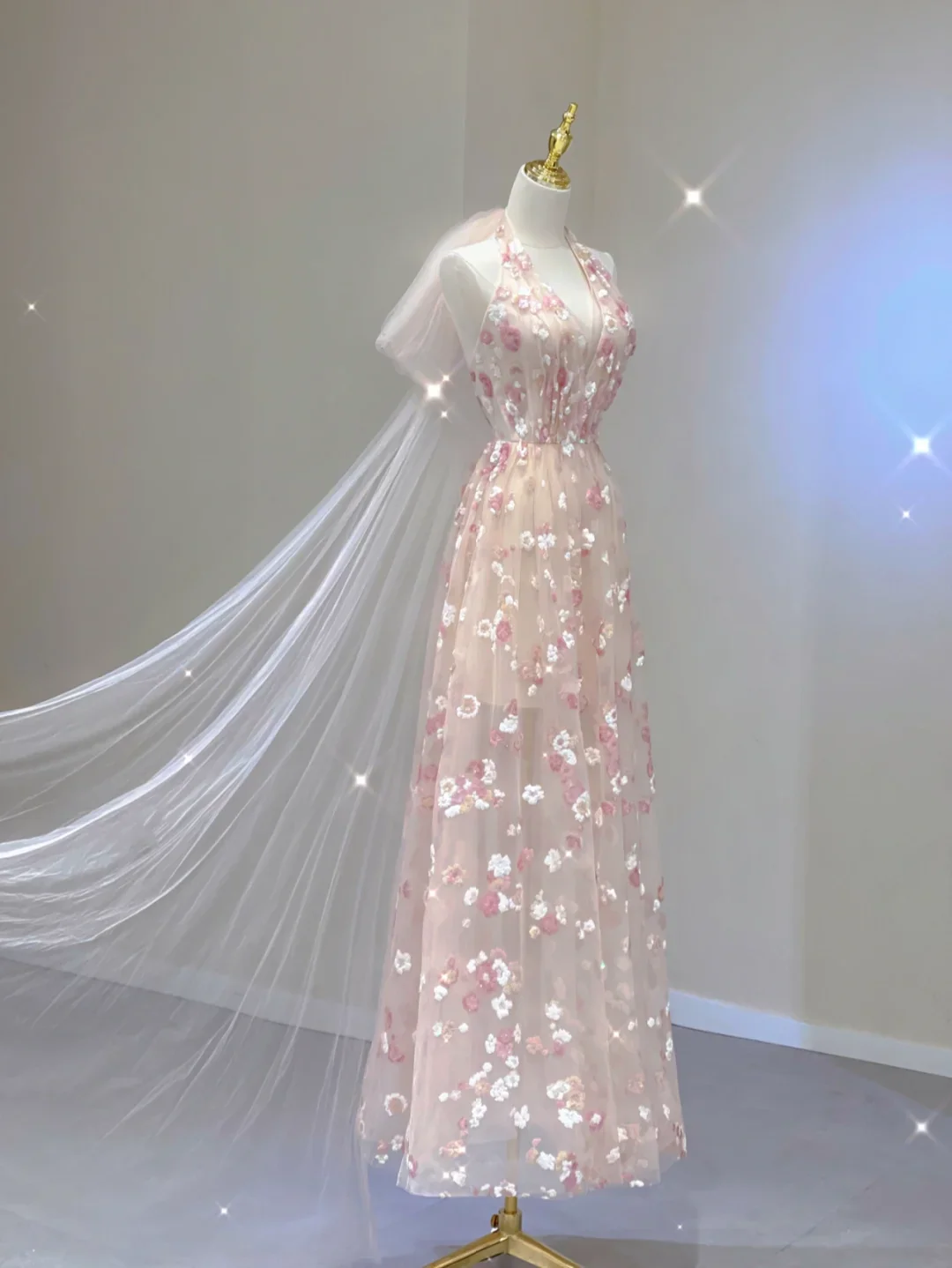 Classy A Line Halter Sleeveless Pink Floral Evening Dress Long Prom Dresses DP400 - Deanwangkt