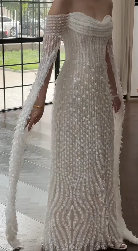 Timeless Off-the-shoulder Sheath Tulle Beading Luxury Wedding Dress, Long Sleeve Bridal Gowns DP3083 - Deanwangkt