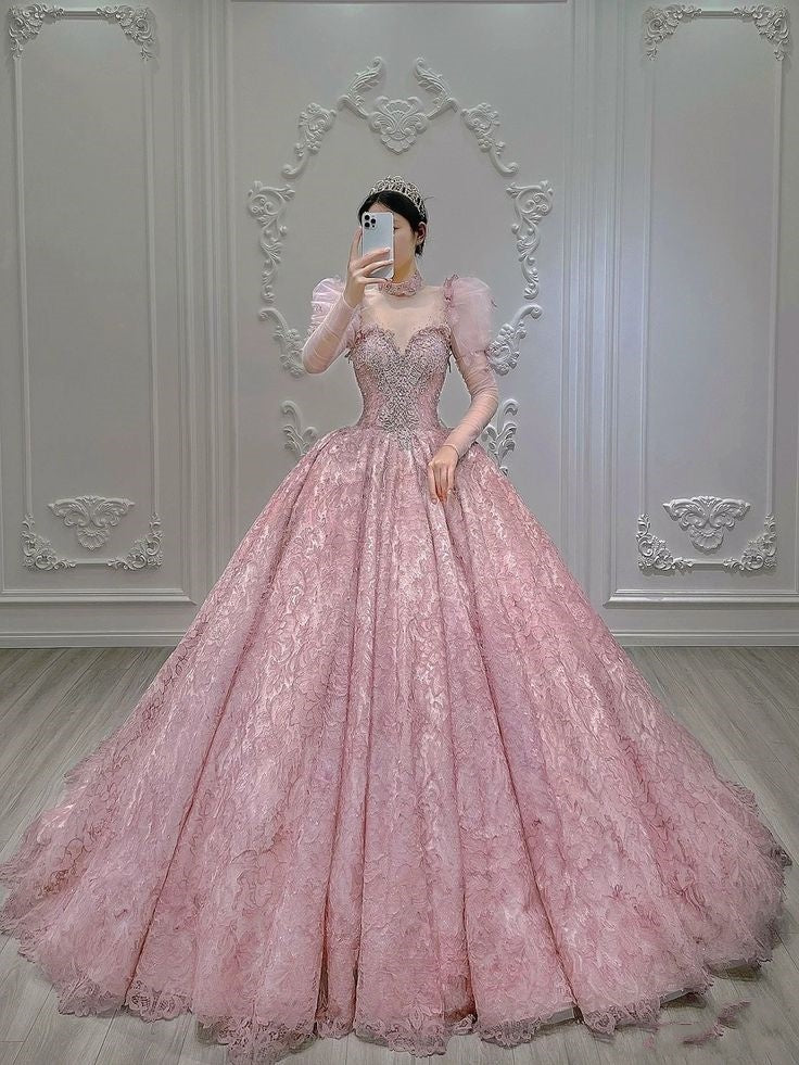 Pretty Ball Gown Sweetheart Tulle Pink Beaded Long Quinceanera Dress Formal Short Sleeves Flowers Vestido De 15 Anos Sweet 16 Dress W0297 - Deanwangkt