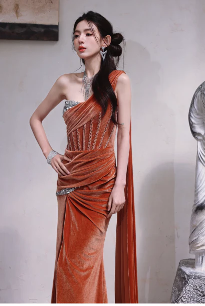 Gorgeous One-shoulder Sheath Velvet Long Prom Dresses, Orange Formal Evening Gowns with Slit DP3154 - Deanwangkt