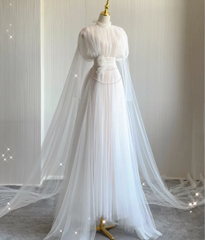 Unique A Line High Neckline Tulle Long Wedding Dresses White Brides Dress DP443 - Deanwangkt