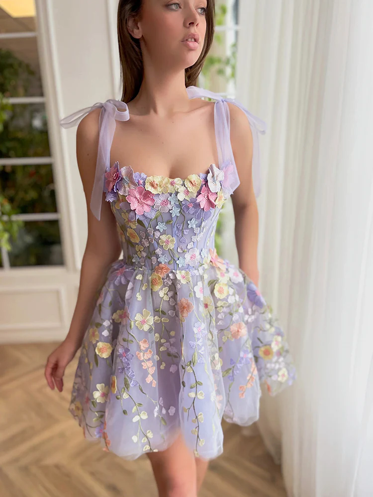 Cute A Line Spaghetti Straps Lilac Tulle Lace Formal Homecoming Dresses 18th Birthday Outfits Graduation Dress Short Mini Hoco Dresses DH2538 - Deanwangkt