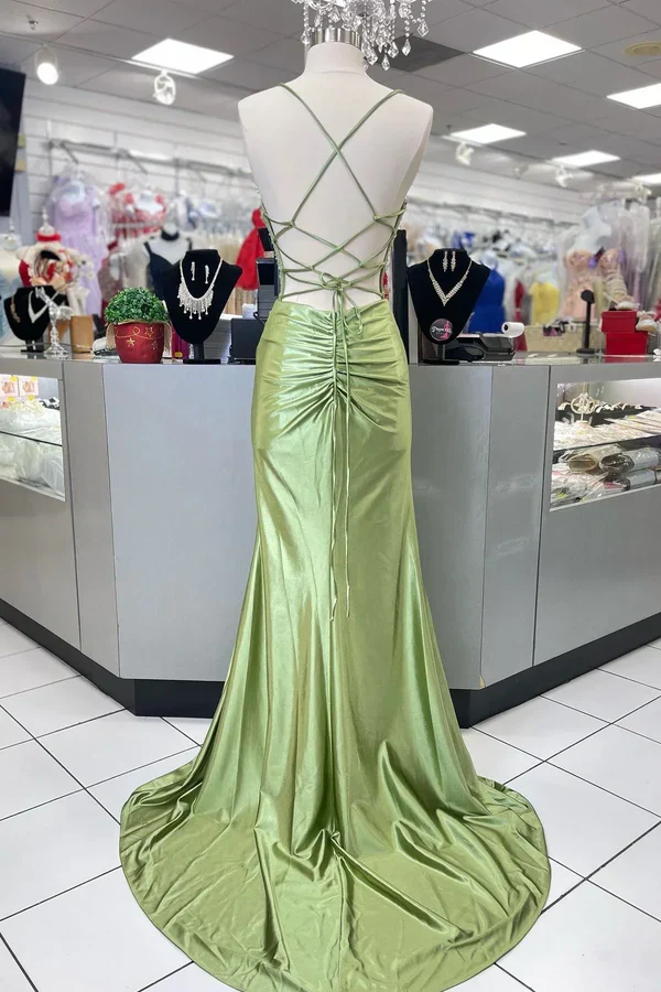 Elegant Hot Mermaid Spaghetti Straps Green Long Prom Dress with Cross Back Prom Dresses DP267 - Deanwangkt