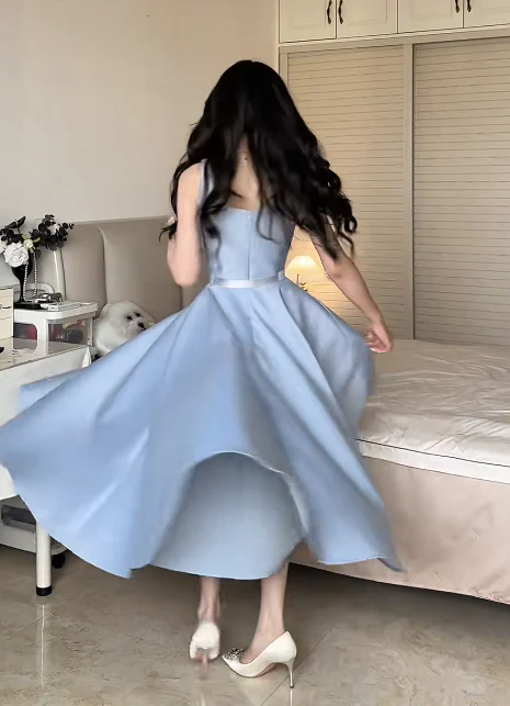 Elegant Spaghetti Strap A-Line Blue Wedding Guest Dresses Sleeveless Satin Mother of the Bride Dress DP3948 - Deanwangkt