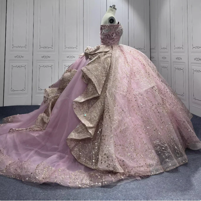 Gorgeous Rose Gold Off-the-shoulder Tulle Long Ball Gown Sparkly Sweet16th Birthday Dress Cute Beaded Sequins Quinceanera Dress DH2734 - Deanwangkt