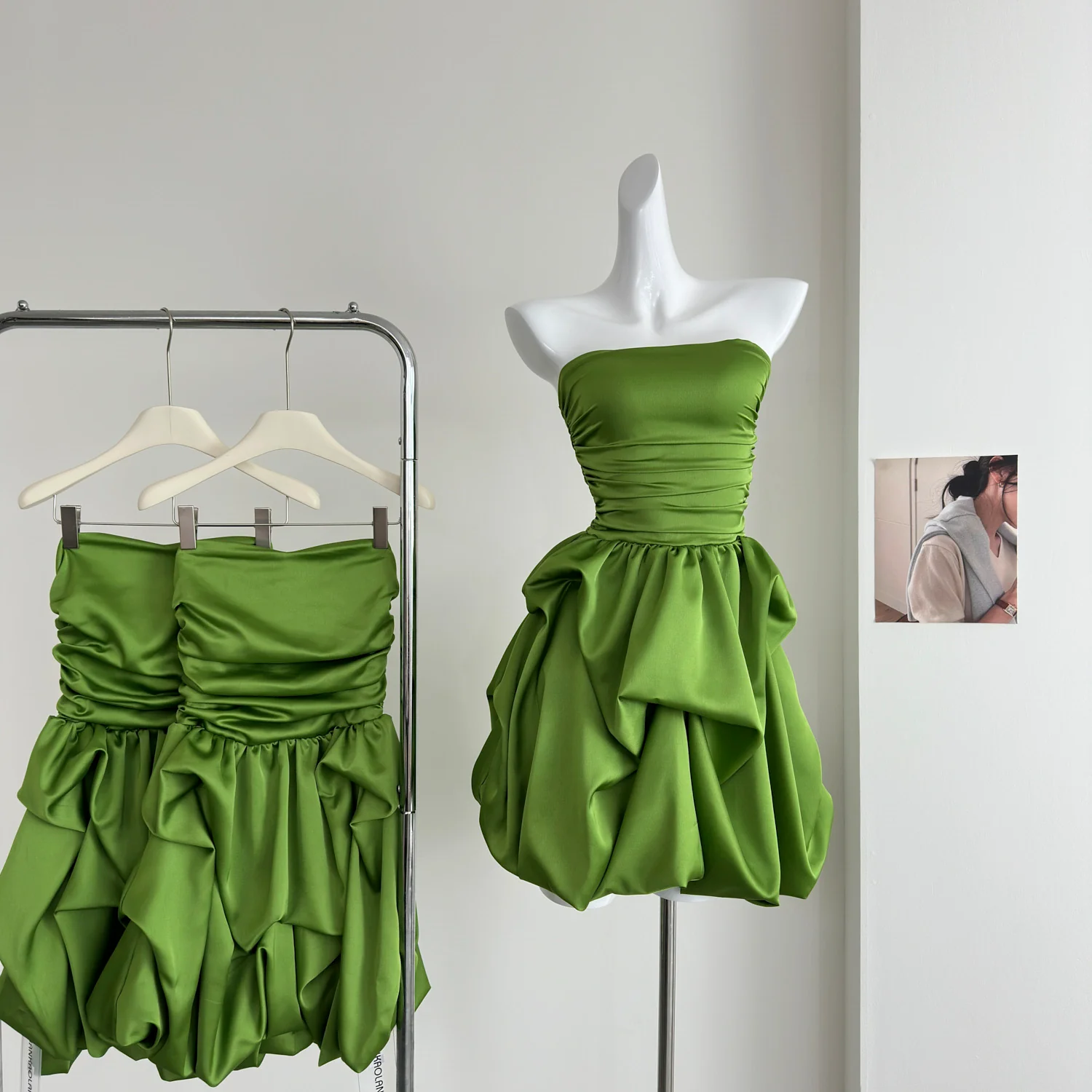 Cute A line Strapless Green Satin Short Summer Dress Holiday Party Birthday Outfits DP0145 - Deanwangkt