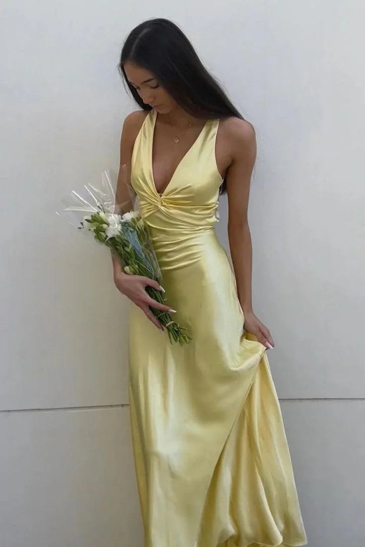 Chic Halter V-Neck Pleated Satin Sleeveless Long Party Dress Prom Dresses DP239 - Deanwangkt