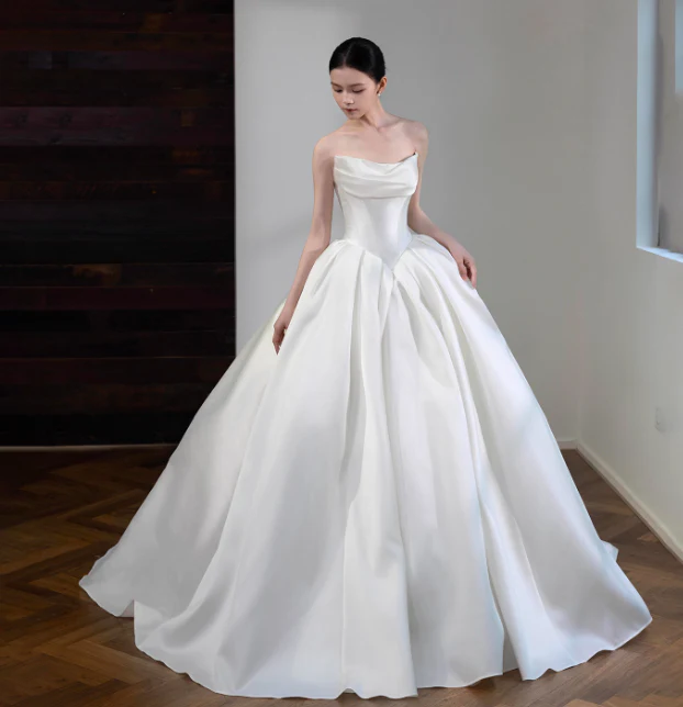 Simple Strapless A-Line Satin Long Wedding Dresses White Bridal Gowns Sleeveless Bridal Dresses DP3864 - Deanwangkt