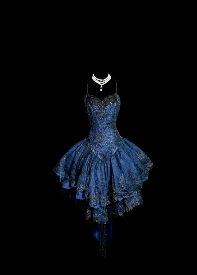 Classy Ball Gown Spaghetti Straps Navy Blue Lace Short Homecoming Dress Summer Hoco Dresses Cocktail Dress DP907 - Deanwangkt