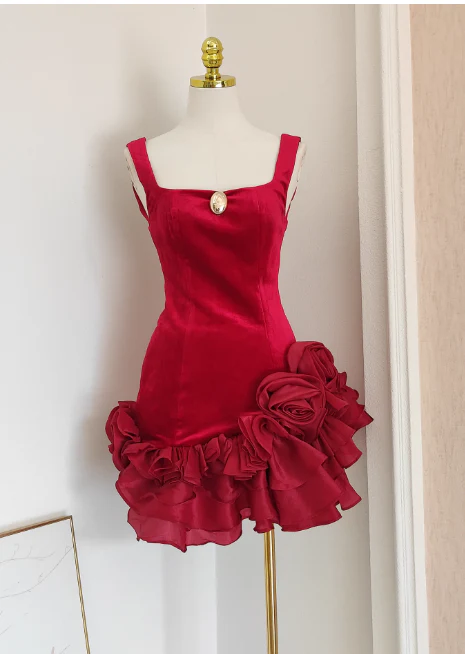 Elegant Sheath Red Short Prom Dresses Velvet Sleeveless Red Birthday Dresses DP3956 - Deanwangkt