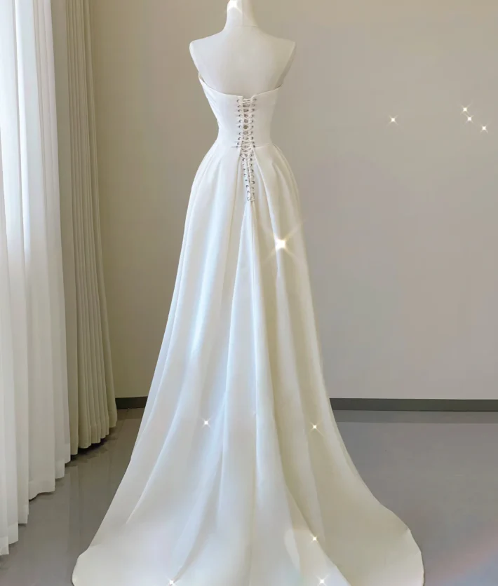 Unique A line Strapless Neckline Satin Long Wedding Dresses White Brides Dress DP459 - Deanwangkt