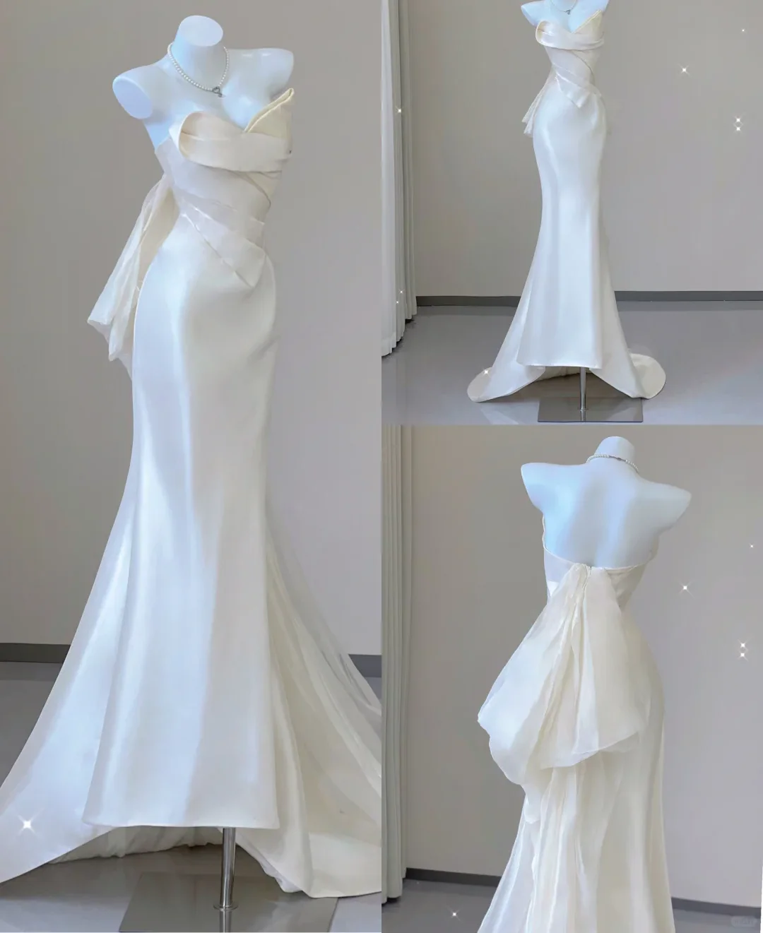 Unique Mermaid Sweetheart Ivory Satin Long Wedding Dresses Brides Dress P0030 - Deanwangkt