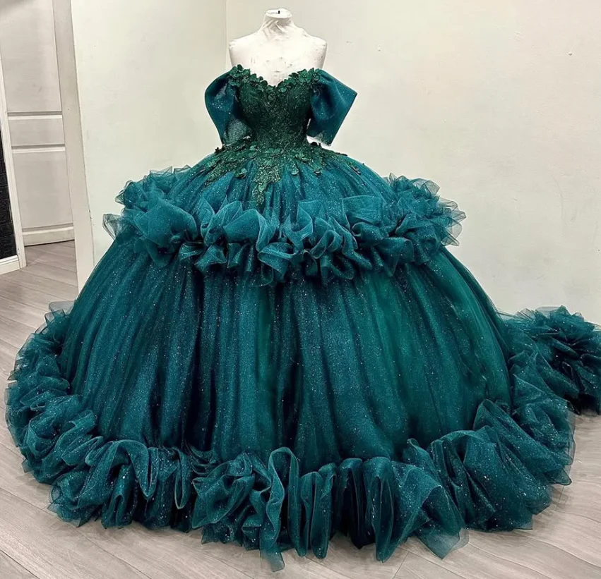 Cute Off Shoulder Ball Gowns Jade Tulle Long Quinceanera Dress Formal Gowns Vestido De 15 Anos Sweet 16 Dress DP3245 - Deanwangkt