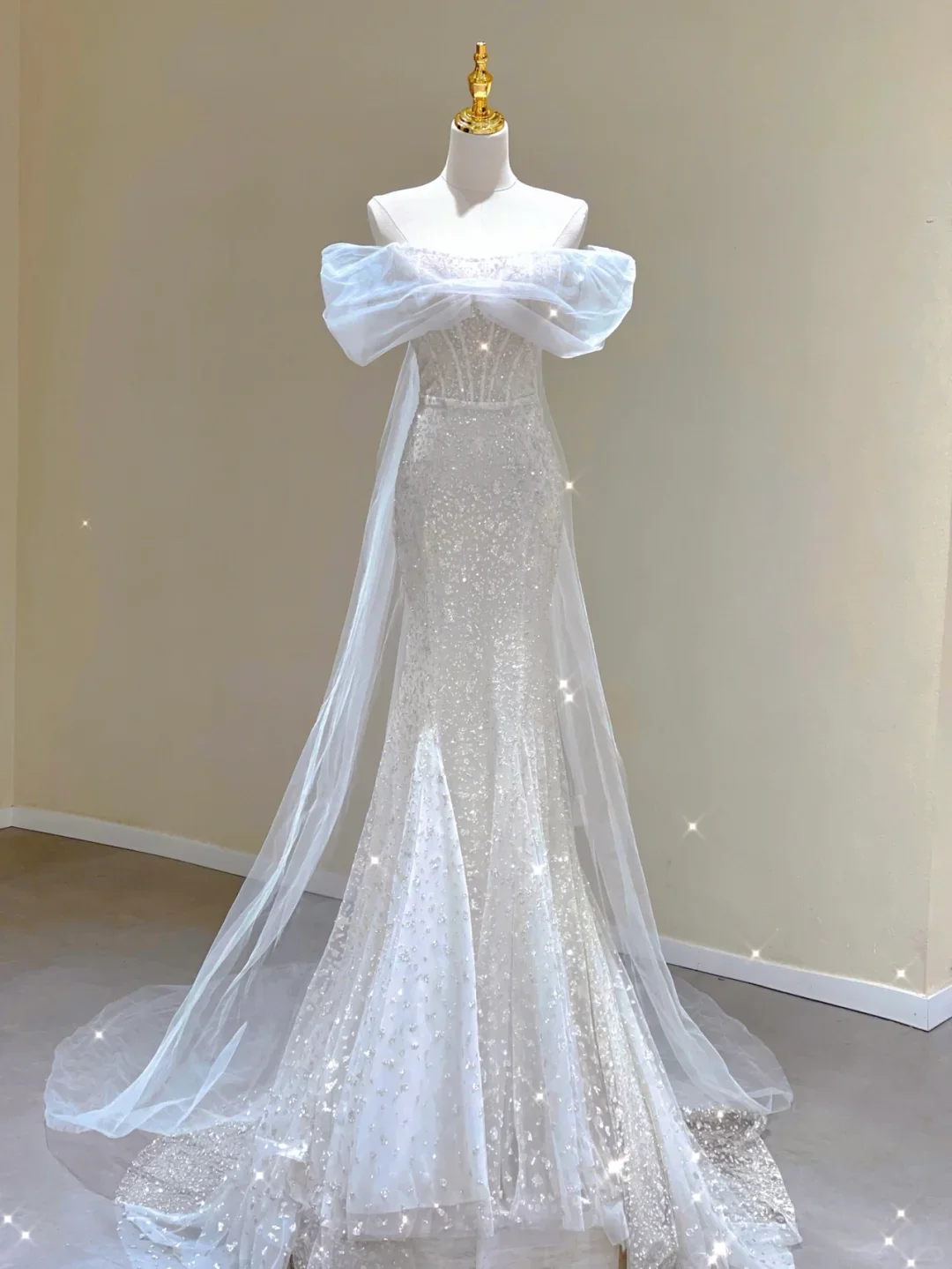 Unique Mermaid Off The Shoulder Ruffles Sequin Long Wedding Dresses Brides Dress DP336 - Deanwangkt