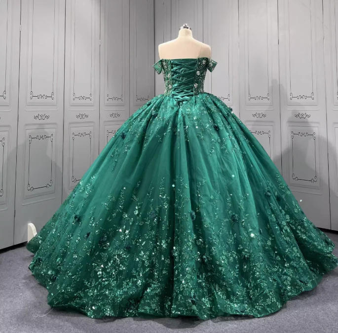 Gorgeous Dark Green Off-the-Shoulder Tulle Long Ball Gown Appliques Sweet 16th Birthday Dress Cute Beaded Sequin Quinceanera Dress DH2733 - Deanwangkt