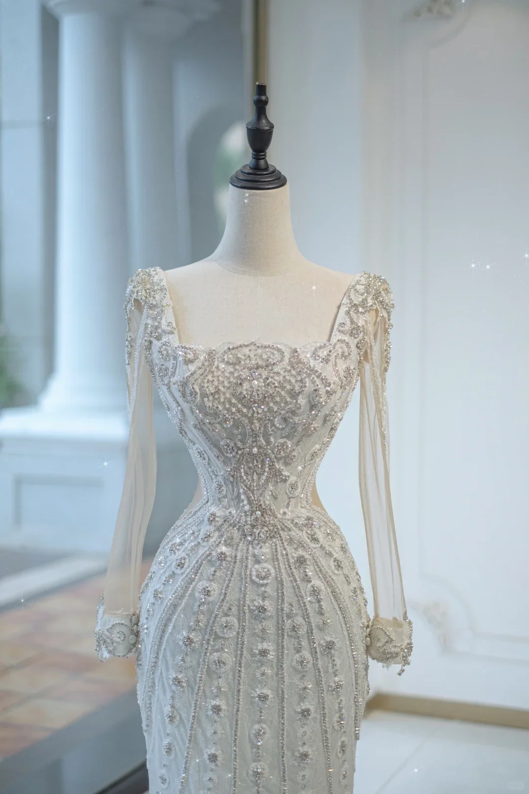 Unique Bridal Gown Mermaid Square Neck Long Sleeves White Silver Beads Wedding Dresses Modest Bridal Gowns DH730 - Deanwangkt