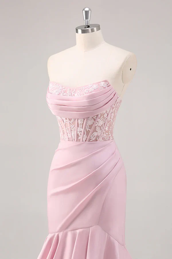 Blush Mermaid Strapless Corset Tiered Long Prom Dress with Slit Graduation Dresses DP525 - Deanwangkt