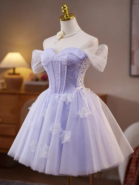 Sweet Off-the-shoulder A-Line Tulle Short Prom Dresses, Purple Homecoming Dresses DP3126 - Deanwangkt