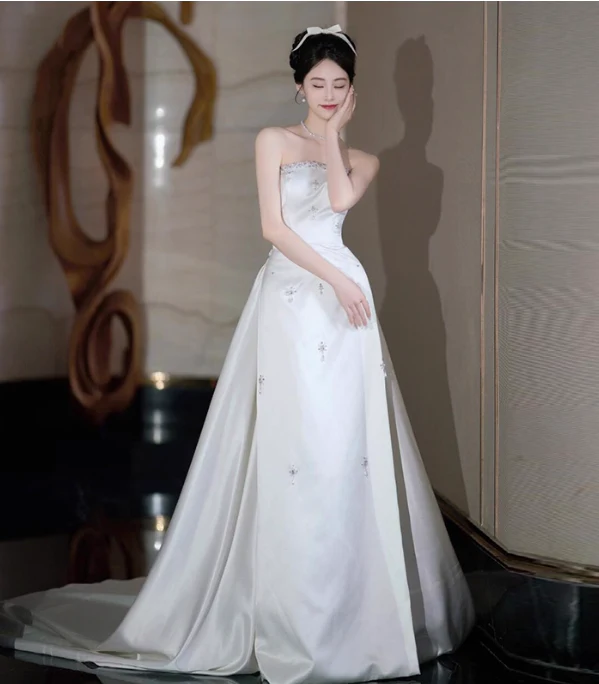 Timeless Bridal Gown Sheath Strapless Satin Sleeveless White Wedding Dresses Elegant Bridal Gowns DH914 - Deanwangkt