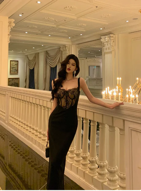 Elegant Mermaid Spaghetti Straps Black Lace Sleeveless 18th Birthday Dress Party Gown Birthday Outfits Birthday Dress Ideas For Women DP568 - Deanwangkt