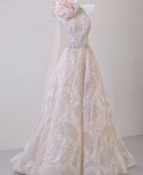 Classy Ball Gown One Shoulder Pink Sequin Evening Dress Long Prom Dresses P0020 - Deanwangkt