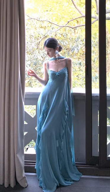 Elegant Sheath Evening Dresses, Spaghetti Strap Chiffon Yellow Guest Dress DP2997 - Deanwangkt