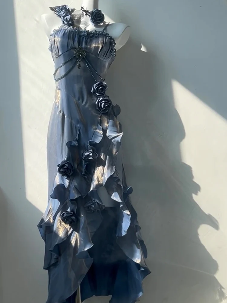 Vintage High Low Spaghetti Straps Blue 16th Birthday Dress With Sleeves Lolita Dress Satin Birthday Outfits DP0225 - Deanwangkt