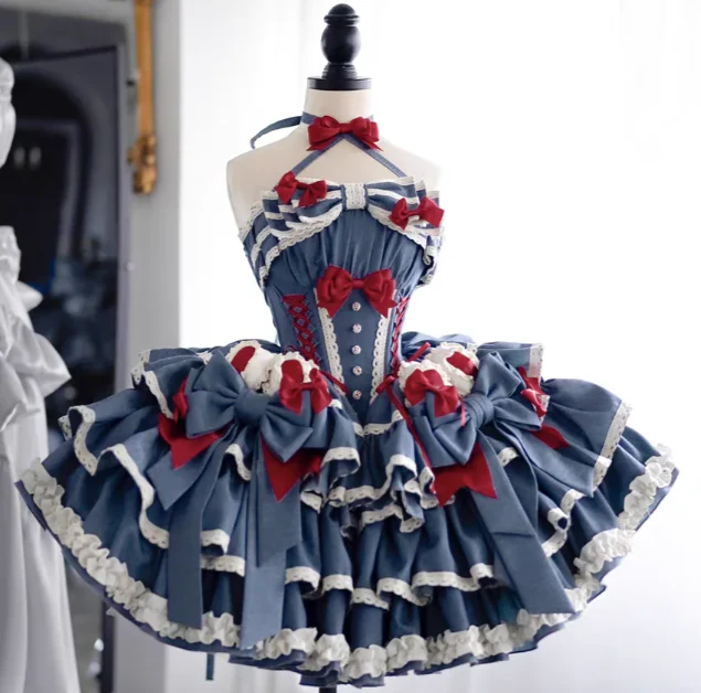 Cute Halter Neck Ball Gown Bow Tiered Birthday Dresses Tiered Satin Blue Lolita Dresses DP3679 - Deanwangkt