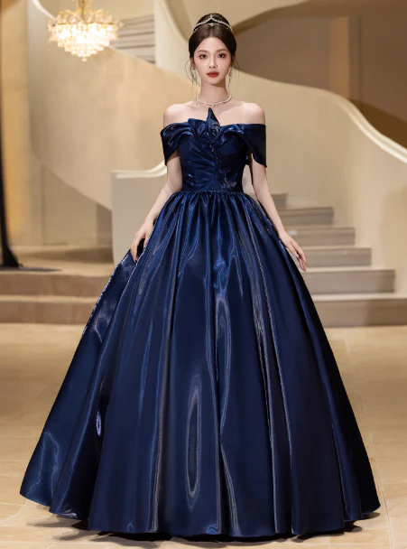 Elegant Cap Sleeve A-Line Prom Dress Satin Navy Blue Evening Gown DP3809 - Deanwangkt