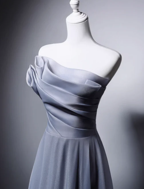 Elegant Light Gray Blue Strapless Long Evening Gowns A-Line 18th Birthday Dress Tulle Graduation Prom Dresses DH2750 - Deanwangkt