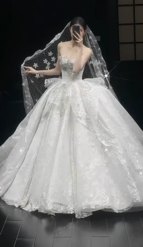 Glitter Strapless Ball Gown Tulle Wedding Dresses Beaded White Bridal Gowns Sleeveless Bridal Dresses DP3357 - Deanwangkt