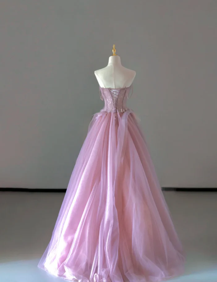Pretty Ball Gown Strapless Pink Tulle l Sleeveless Long Prom Dresses Evening Dresses DP521 - Deanwangkt