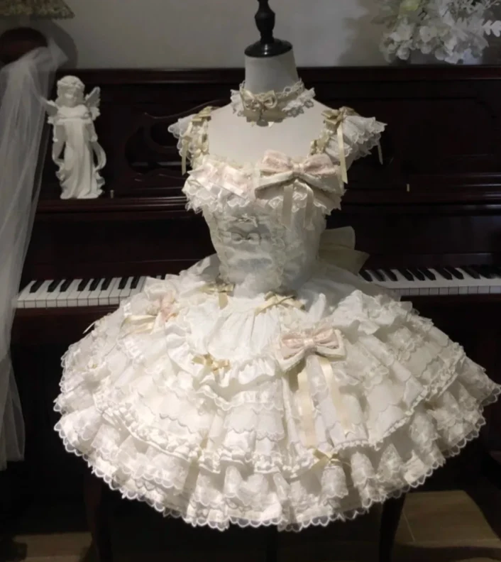 Fairy Strap Ball Gown White Sleeveless Short Birthday Dresses Lace Sweet Lolita Dresses DP3799 - Deanwangkt