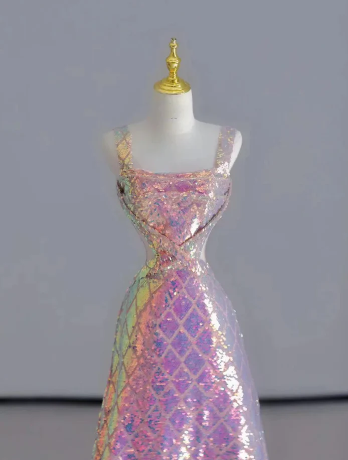 Pretty Sheath Square Neckline Sequin Sleeveless Long Prom Dresses Evening Dresses DP516 - Deanwangkt