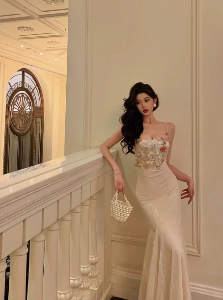 Sexy Mermaid Spaghetti Straps White Floral 18th Birthday Dress Long Party Birthday Outfits For Women DP0159 - Deanwangkt